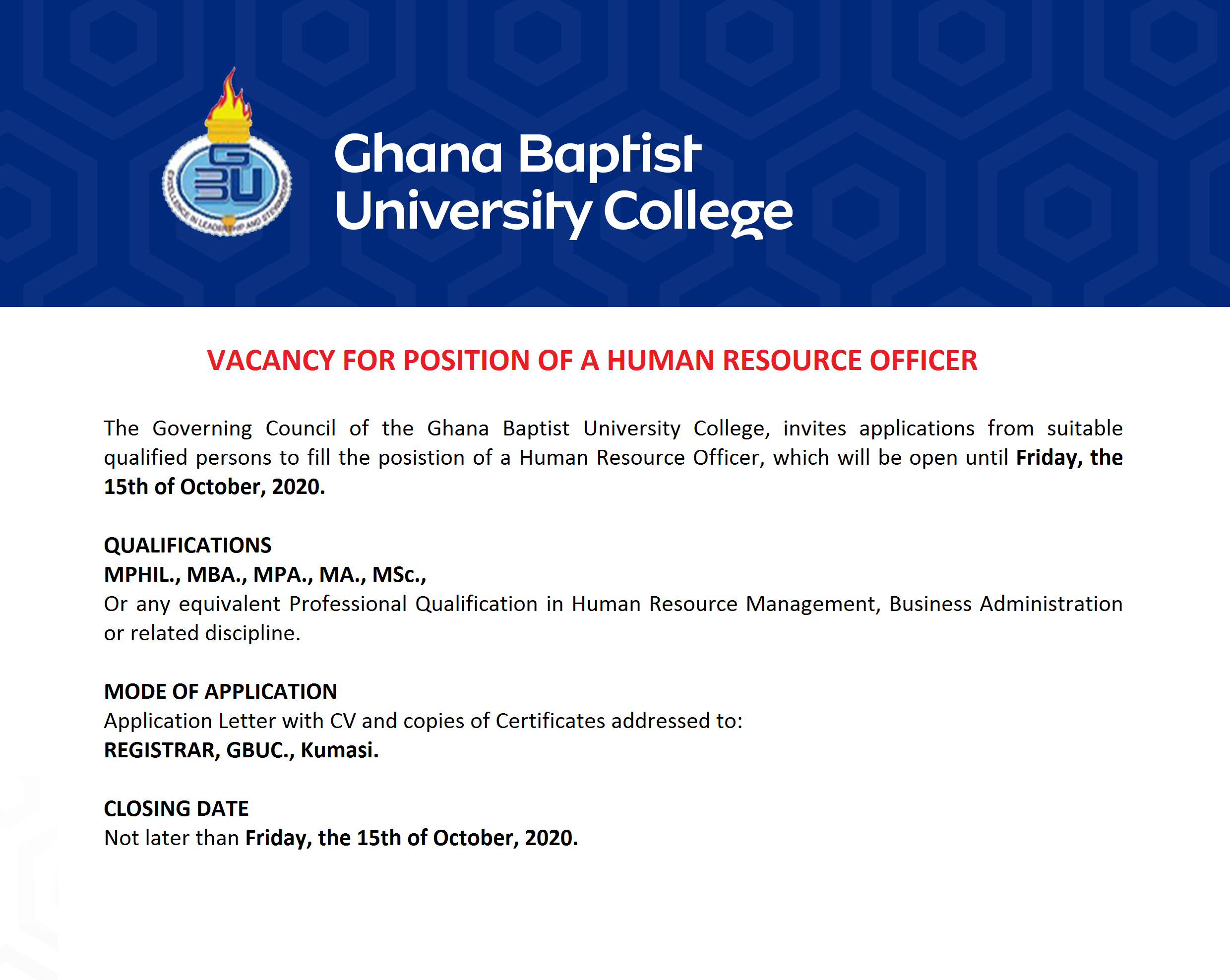 Vacancy for the position of a Human Resource Officer